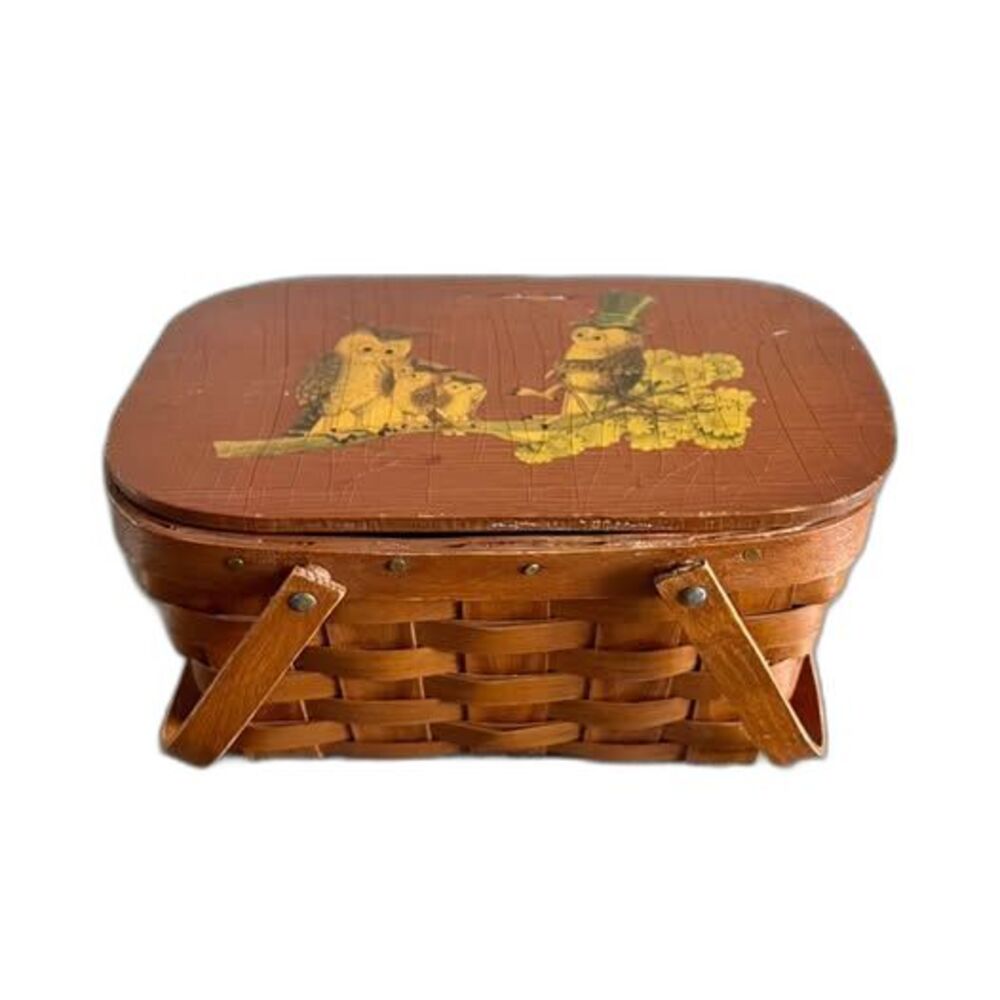 Vintage Small Sewing Picnic Basket w/Owl Family 11x7x5.5 Cottagecore